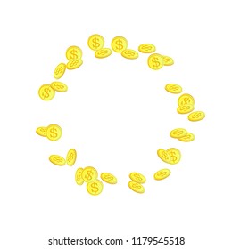 Gold coins with dollar symbol vector illustration. Wealth concept. Isolated gold metal dollar or cent coins falling. Cash money, change or tips  financial symbols. Reward, budget, income concept.