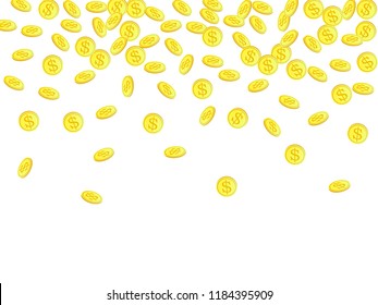 Gold coins with dollar symbol vector illustration. Treasure concept. Isolated gold metal dollar or cent coins falling. Cash money, change or tips  financial symbols. Casino jackpot background.