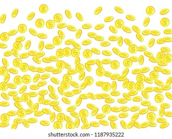 Gold coins with dollar symbol vector illustration. Abundance concept. Isolated gold metal dollar or cent coins falling. Cash money, change or tips  financial symbols. Casino fortune background.