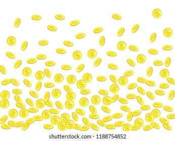 Gold coins with dollar symbol vector illustration. Savings concept. Isolated gold metal dollar or cent coins falling. Cash money, change or tips  financial symbols. Reward, budget, income concept.