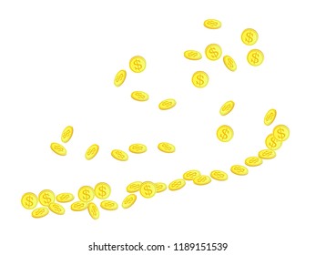 Gold coins with dollar symbol vector illustration. Treasure concept. Isolated gold metal dollar or cent coins falling. Cash money, change or tips  financial symbols. Lottery fortune background.