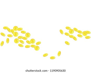 Gold coins with dollar symbol vector illustration. Wealth concept. Isolated gold metal dollar or cent coins falling. Cash money, change or tips  financial symbols. Gambling big win background.