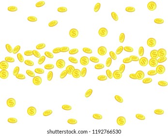 Gold coins with dollar symbol vector illustration. Currency concept. Isolated gold metal dollar or cent coins falling. Cash money, change or tips  financial symbols. Lottery winning background.