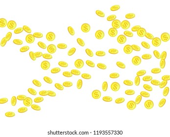 Gold coins with dollar symbol vector illustration. Treasure concept. Isolated gold metal dollar or cent coins falling. Cash money, change or tips  financial symbols. Interest rate, payment concept.