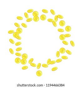 Gold coins with dollar symbol vector illustration. Treasure concept. Isolated gold metal dollar or cent coins falling. Cash money, change or tips  financial symbols. Reward, payment concept.