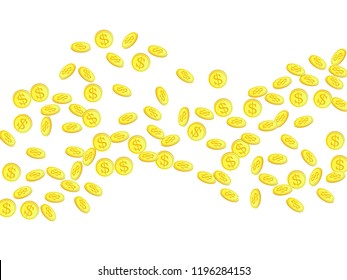 Gold coins with dollar symbol vector illustration. Earnings concept. Isolated gold metal dollar or cent coins falling. Cash money, change or tips  financial symbols. Casino big win background.