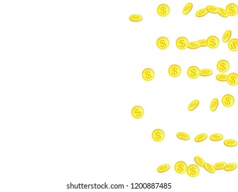 Gold coins with dollar symbol vector illustration. Currency concept. Isolated gold metal dollar or cent coins falling. Cash money, change or tips  financial symbols. Casino fortune background.