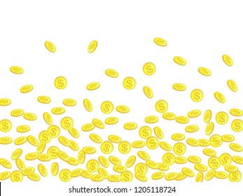 Gold coins with dollar symbol vector illustration. Earnings concept. Isolated gold metal dollar or cent coins falling. Cash money, change or tips  financial symbols. Lottery fortune background.