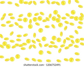 Gold coins with dollar symbol vector illustration. Treasure concept. Isolated gold metal dollar or cent coins falling. Cash money, change or tips  financial symbols. Gambling big win background.