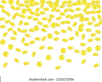 Gold coins with dollar symbol vector illustration. Abundance concept. Isolated gold metal dollar or cent coins falling. 