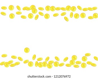 Gold coins with dollar symbol vector illustration. Save money concept. Isolated gold metal dollar or cent coins falling. Cash money, change or tips  financial symbols. Gambling big win background.