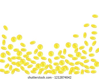 Gold coins with dollar symbol vector illustration. Abundance concept. Isolated gold metal dollar or cent coins falling. Cash money, change or tips  financial symbols. Lottery big win background.