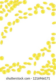 Gold coins with dollar symbol vector illustration. Abundance concept. Isolated gold metal dollar or cent coins falling. Cash money, change or tips  financial symbols. Income, profit, payment concept.