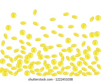 Gold coins with dollar symbol vector illustration. Abundance concept. Isolated gold metal dollar or cent coins falling. Cash money, change or tips  financial symbols. Casino jackpot background.