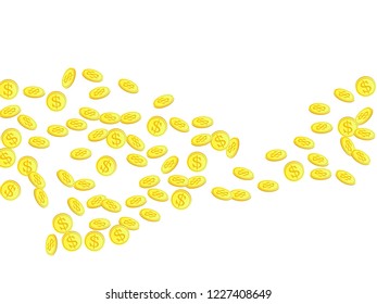 Gold coins with dollar symbol vector illustration. Earnings concept. Isolated gold metal dollar or cent coins falling. Cash money, change or tips  financial symbols. Reward, budget, profit concept.