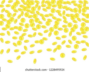 Gold coins with dollar symbol vector illustration. Abundance concept. Isolated gold metal dollar or cent coins falling. Cash money, change or tips  financial symbols. Gambling big win background.