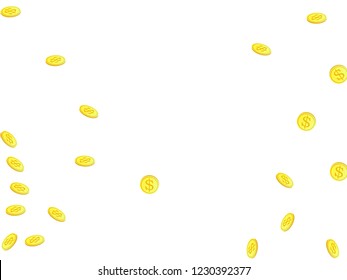 Gold coins with dollar symbol vector illustration. Wealth concept. Isolated gold metal dollar or cent coins falling. Cash money, change or tips  financial symbols. Reward, payment concept.