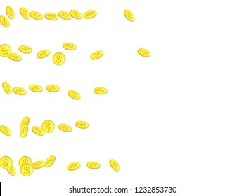 Gold coins with dollar symbol vector illustration. Earnings concept. Isolated gold metal dollar or cent coins falling. Cash money, change or tips  financial symbols. Lottery big win background.