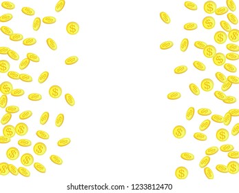 Gold coins with dollar symbol vector illustration. Savings concept. Isolated gold metal dollar or cent coins falling. Cash money, change or tips  financial symbols. Casino big win background.