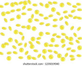 Gold coins with dollar symbol vector illustration. Mining concept. Isolated gold metal dollar or cent coins falling. Cash money, change or tips  financial symbols. Gambling prize background.