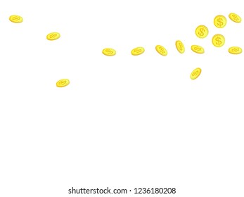 Gold coins with dollar symbol vector illustration. Abundance concept. Isolated gold metal dollar or cent coins falling. Cash money, change or tips  financial symbols. Lottery prize background.