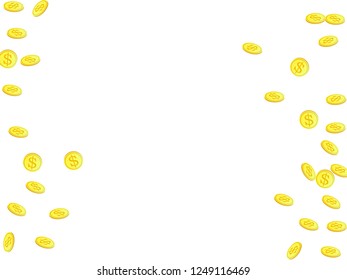 Gold coins with dollar symbol vector illustration. Save money concept. Isolated gold metal dollar or cent coins falling. Cash money, change or tips  financial symbols. Reward, budget, profit concept.