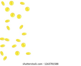 Gold coins with dollar symbol vector illustration. Mining concept. Isolated gold metal dollar or cent coins falling. Cash money, change or tips  financial symbols. Casino fortune background.