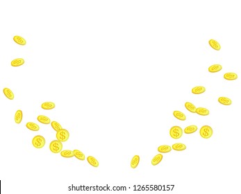 Gold coins with dollar symbol vector illustration. Currency concept. Isolated gold metal dollar or cent coins falling. Cash money, change or tips  financial symbols. Reward, payment concept.