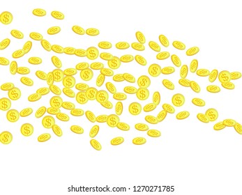 Gold coins with dollar symbol vector illustration. Savings concept. Isolated gold metal dollar or cent coins falling. Cash money, change or tips  financial symbols. Investment, income concept.