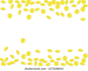 Gold coins with dollar symbol vector illustration. Wealth concept. Isolated gold metal dollar or cent coins falling. Cash money, change or tips  financial symbols. Reward, budget, income concept.