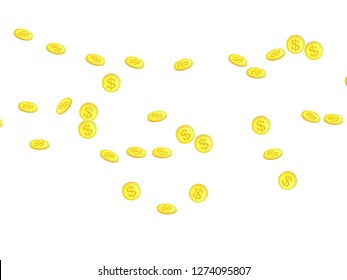 Gold coins with dollar symbol vector illustration. Abundance concept. Isolated gold metal dollar or cent coins falling. Cash money, change or tips  financial symbols. Lottery prize background.