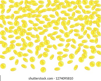 Gold coins with dollar symbol vector illustration. Mining concept. Isolated gold metal dollar or cent coins falling. Cash money, change or tips  financial symbols. Lottery fortune background.