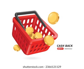 Gold coins or dollars coins float into the red shopping basket for refund advertising design promotions or cash back, vector 3d isolated on white background for advertisement design