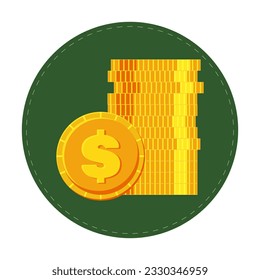 Gold coins of dollars. A stack of coins in a green circle. Money illustration isolated on white background. Vector.