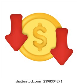 monedas de oro con flecha abajo. Icono de flecha de la flecha de la bolsa cayendo en rojo. Moneda de oro con flecha roja apuntando hacia abajo Menos valor del dinero 