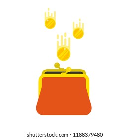 Gold coins dropping into a purse. Cashback or money refund. Saving money concept. Isolated vector illustration on white background.