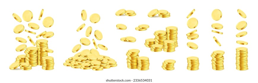 Gold coins, empty yellow money pile, realistic money currency in stack, gold treasure cash. Vector benefit in business and fortune savings, capital growth and income, savings and deposits