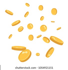 Gold coins explosion flat vector. Gold coins Pattern with the effect floating in the air in a cartoon style for designers . Successful financial planning, profitable small businesses. Digital currency