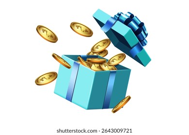 gold coins explosion gift box isolated on the white background.business,bonus,prize,discount and winner concept clip art vector illustration.