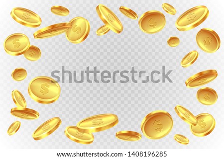 Gold coins explosion. Realistic flying golden raining coin. Monetary fall cash, prize game splash money jackpot lotto casino vector images