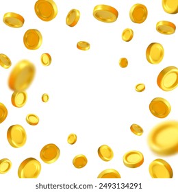 Gold coins explosion vector 3d background. Golden money frame backdrop. Flying wealth isolated on white background