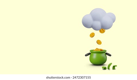 Gold coins fall from cloud into leprechaun pot. Horizontal banner on yellow background