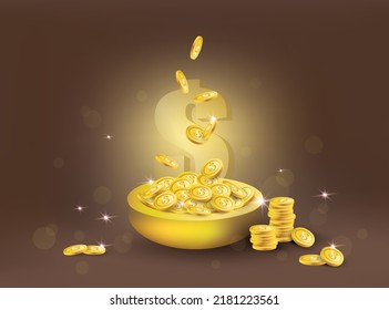 Las monedas de oro caen en un tazón dorado (monedas voladoras, lluvia dorada) sobre un fondo marrón con un gran signo de dólar. El concepto de riqueza, éxito, premio mayor. Fondo vectorial.