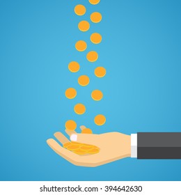 Gold coins fall into the hand. Passive income. Flat design.