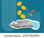 Gold coins fall into an open palm. Modern photo collage style. Vector illustration