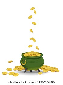 Gold coins fall into the pot, the leprechaun's treasure. A traditional Irish symbol of good luck. Vector element for the St. Patrick's Day banner (March 17th).