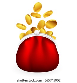 Gold coins fall into a red retro purse. Female red velvet purse