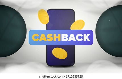 Gold coins fall near a phone. Cash back banner. White studio background space with leaf shadows. White studio with a wall. Vector. 