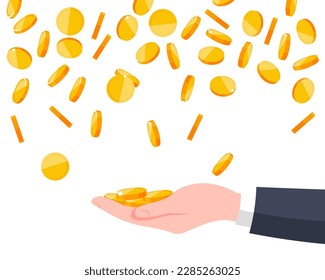 Gold coins fall on the hand of a businessman. Golden money falling from top to bottom, big pile of cash, jackpot concept, win, wealth, luck. Flat modern vector design isolated.