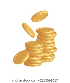 gold coins falling 3d realistic money vector cash icon with shadows isolated on white, accumulation bank concept.